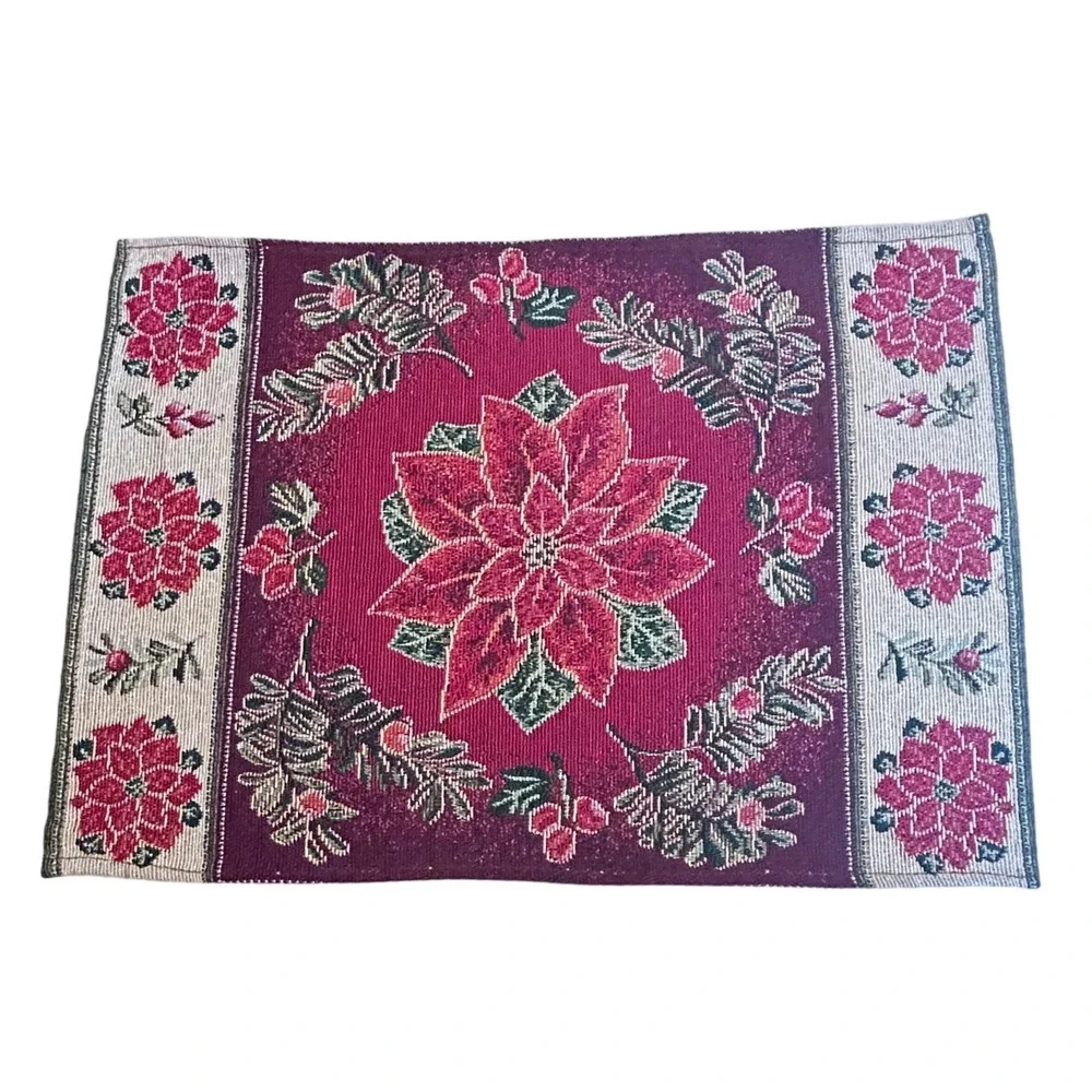 Christmas vintage Poinsettia Tapestry Table Runner & Placemats Set Red Burgundy